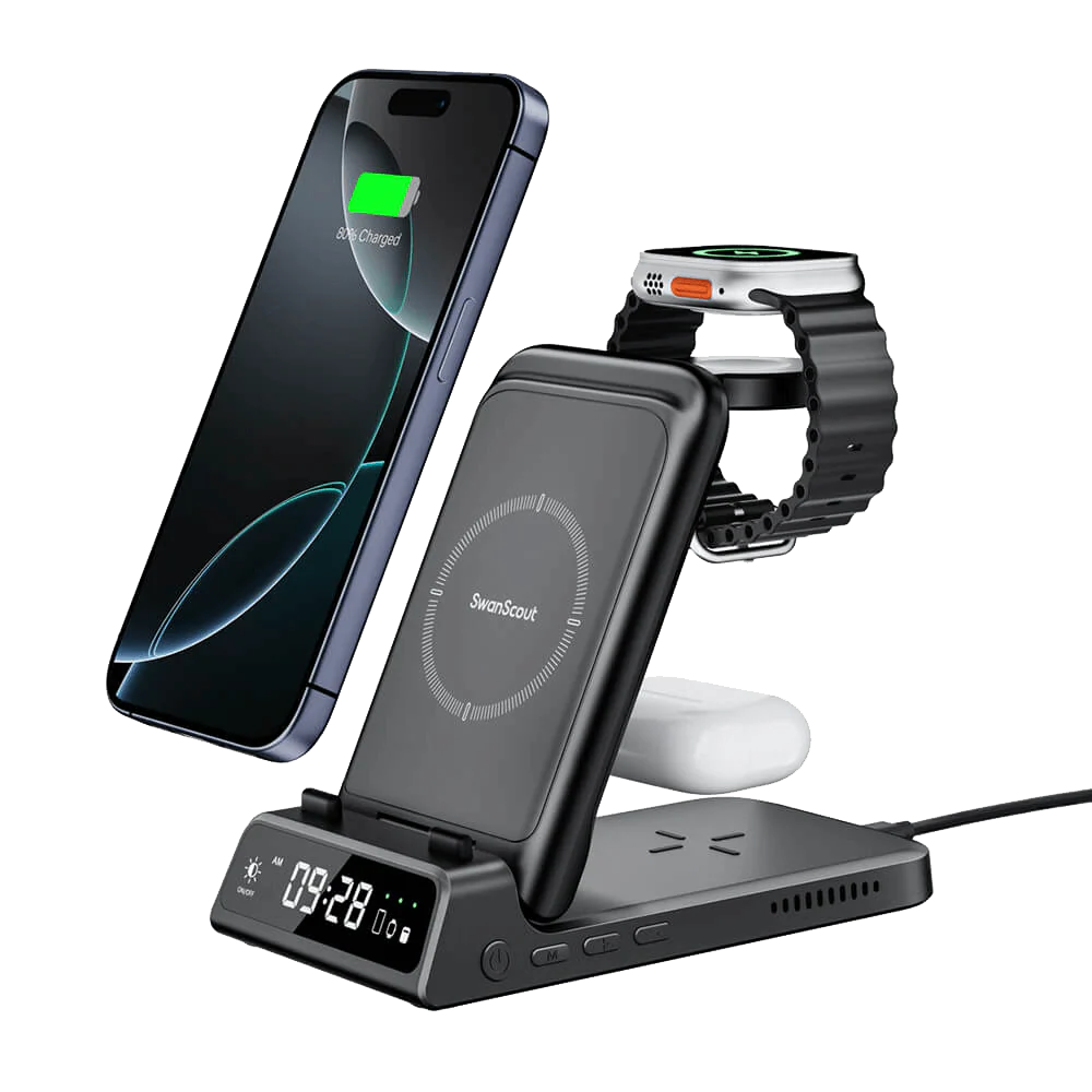 Swanscout 703a   3 In 1 Foldable Wireless Charger For Apple With Clock