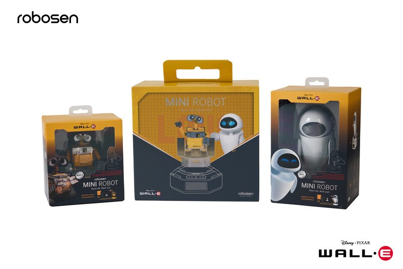 The WALL-E Collector's Set packaging and individual Wall-E and Eve packages on a white background.