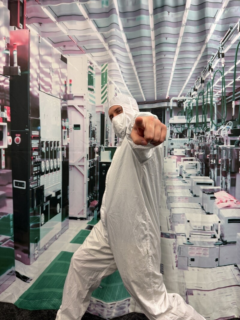Tech reporter wearing a bunny suit