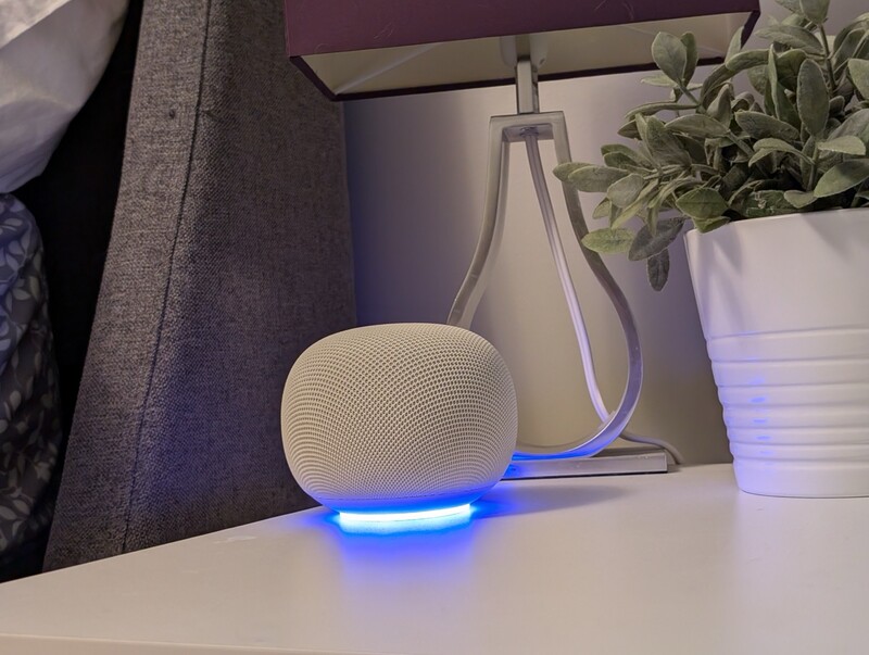 Google Home Speaker Light Up Blue Bedside Table